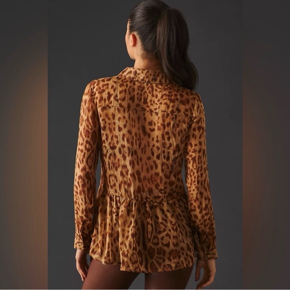 Anthropology BLUE TASSEL: Silk Leopard Tiered Blouse- Size Large - Picture 2 of 6